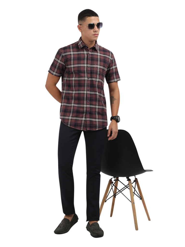 Model wearing Clarke Gable's Light Maroon Checked Semi Casual Shirt in a casual setting