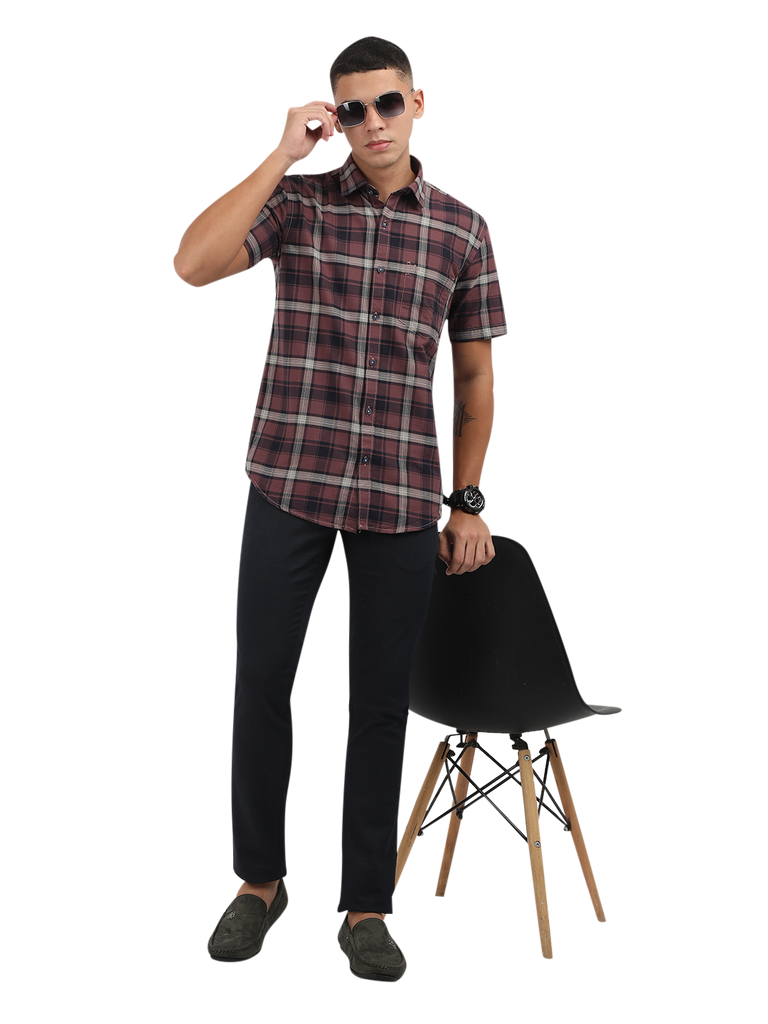 Model wearing Clarke Gable's Light Maroon Checked Semi Casual Shirt in a casual setting