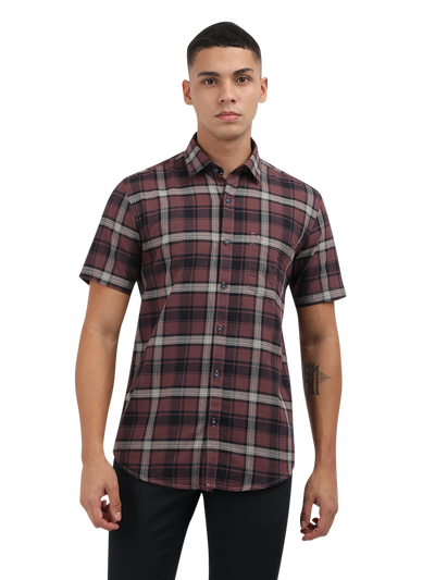 Model wearing Clarke Gable's Light Maroon Checked Semi Casual Shirt in a casual setting