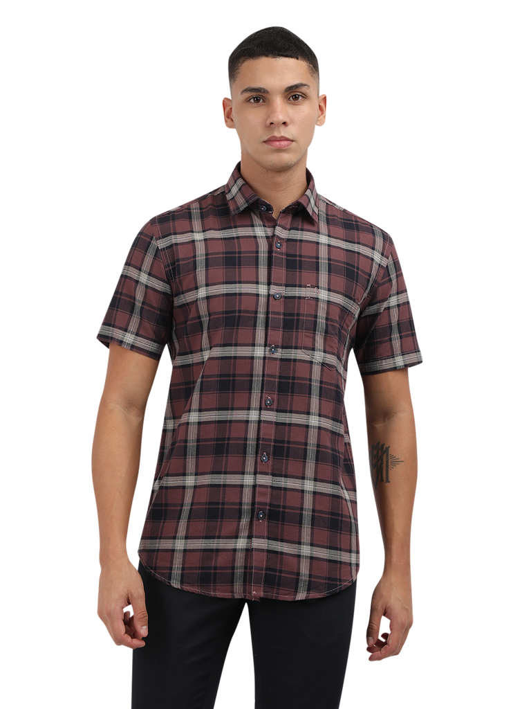 Model wearing Clarke Gable's Light Maroon Checked Semi Casual Shirt in a casual setting