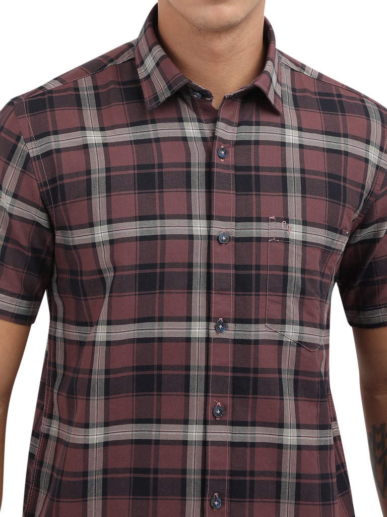 Model wearing Clarke Gable's Light Maroon Checked Semi Casual Shirt in a casual setting