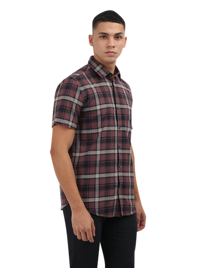 Model wearing Clarke Gable's Light Maroon Checked Semi Casual Shirt in a casual setting