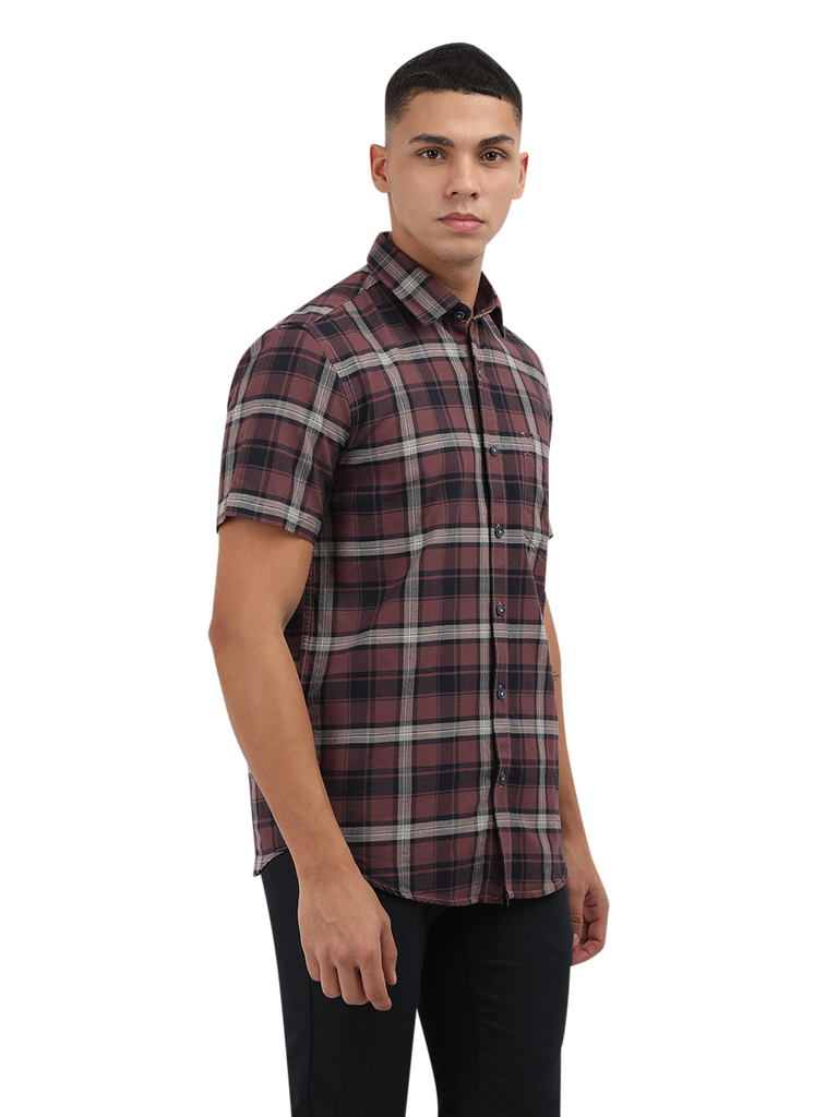 Model wearing Clarke Gable's Light Maroon Checked Semi Casual Shirt in a casual setting