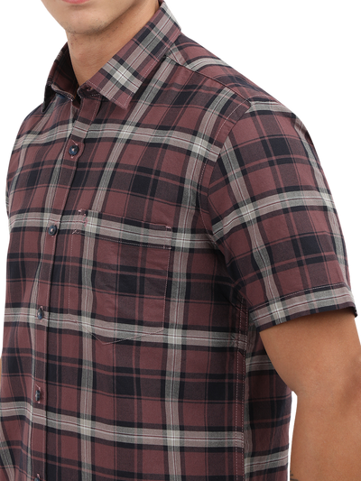 Model wearing Clarke Gable's Light Maroon Checked Semi Casual Shirt in a casual setting