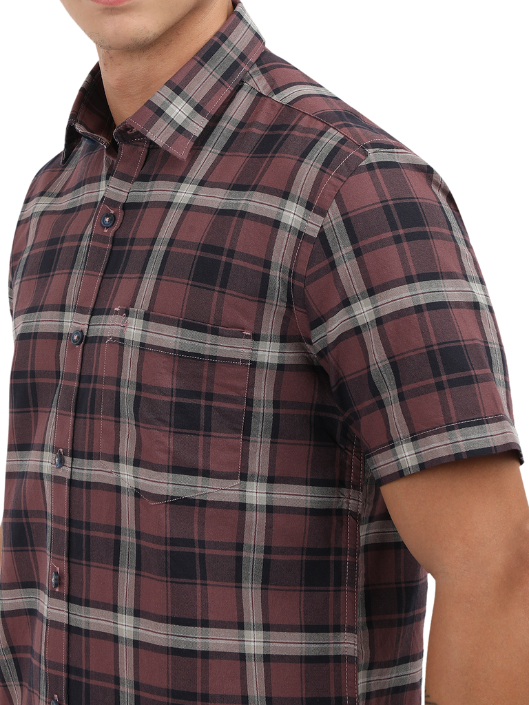 Model wearing Clarke Gable's Light Maroon Checked Semi Casual Shirt in a casual setting