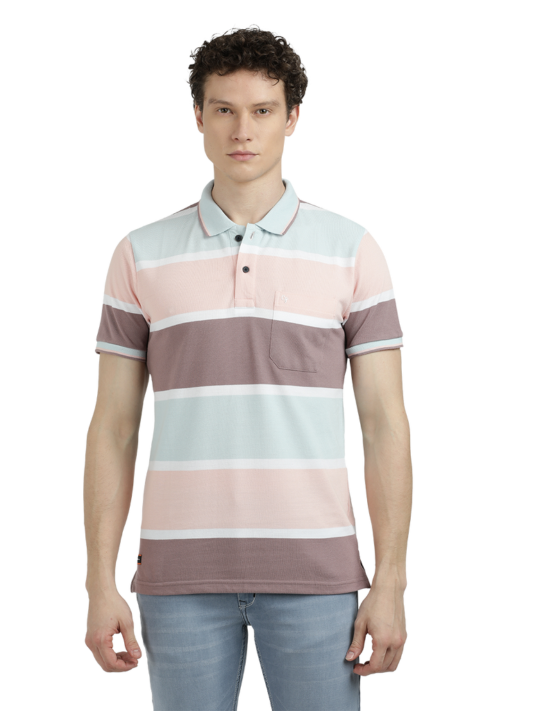 Model wearing Clarke Gable's Light Maroon with Pink Striped Polo Collar T-Shirt in a casual setting