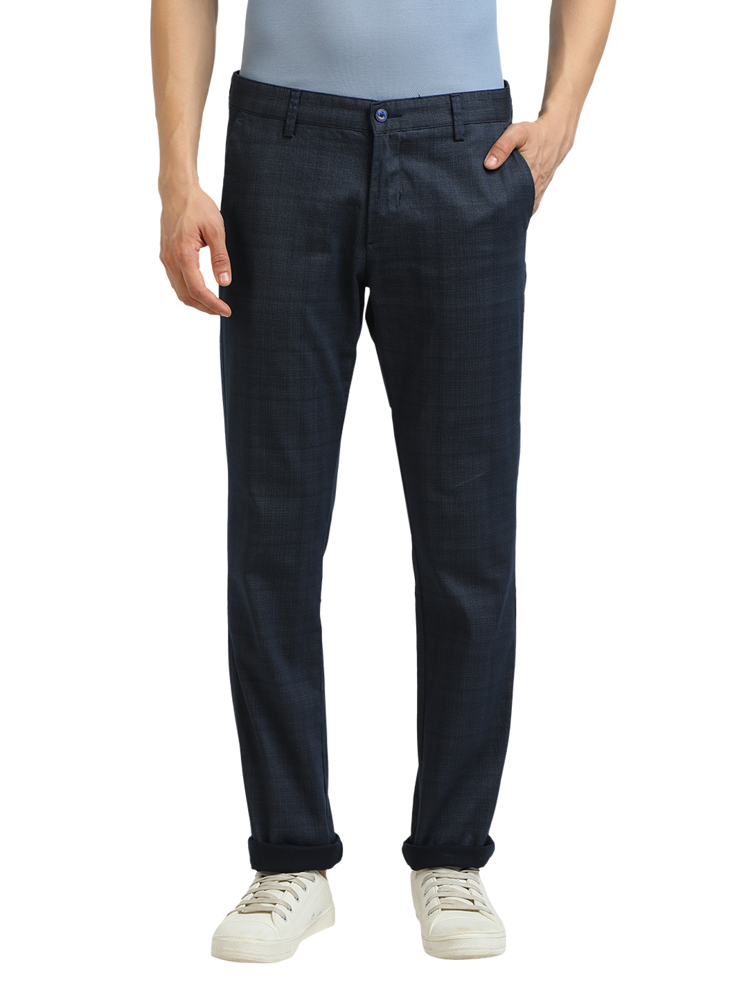 Model wearing Clarke Gable's Light Navy Custom Fit Trousers in a casual setting