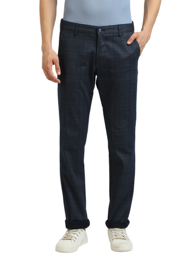 Model wearing Clarke Gable's Light Navy Custom Fit Trousers in a casual setting