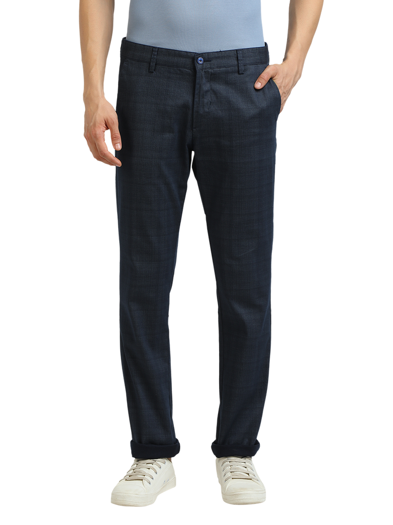 Model wearing Clarke Gable's Light Navy Custom Fit Trousers in a casual setting