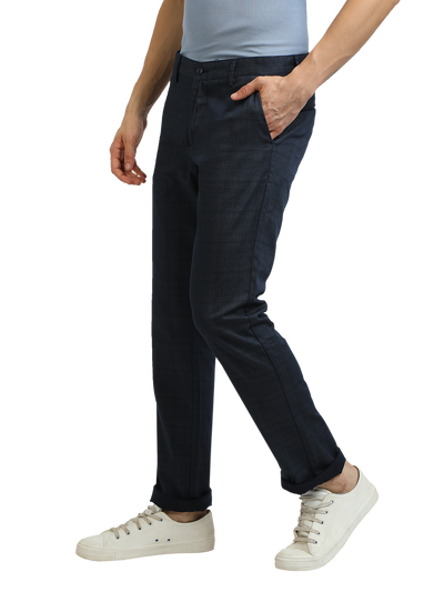 Model wearing Clarke Gable's Light Navy Custom Fit Trousers in a casual setting