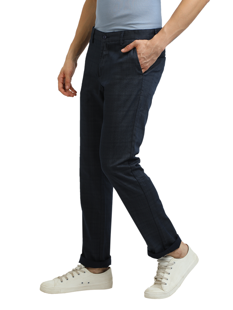 Model wearing Clarke Gable's Light Navy Custom Fit Trousers in a casual setting