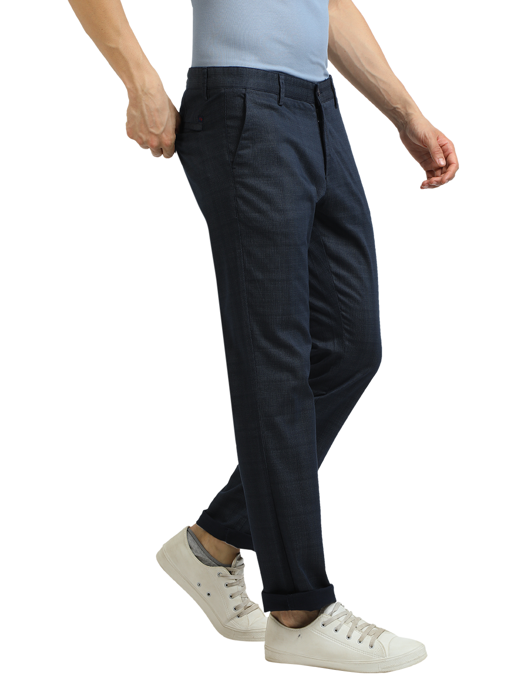 Model wearing Clarke Gable's Light Navy Custom Fit Trousers in a casual setting