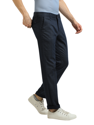 Model wearing Clarke Gable's Light Navy Custom Fit Trousers in a casual setting