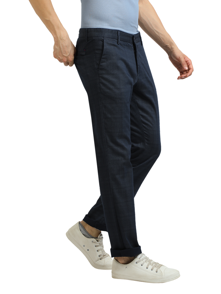 Model wearing Clarke Gable's Light Navy Custom Fit Trousers in a casual setting