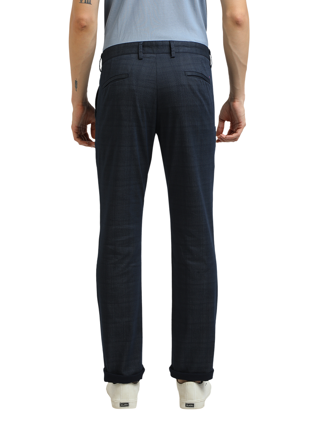 Model wearing Clarke Gable's Light Navy Custom Fit Trousers in a casual setting