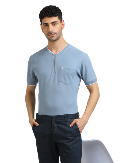 Model wearing Clarke Gable's Light Navy Custom Fit Trousers in a casual setting