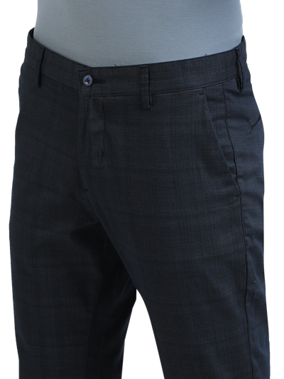 Model wearing Clarke Gable's Light Navy Custom Fit Trousers in a casual setting