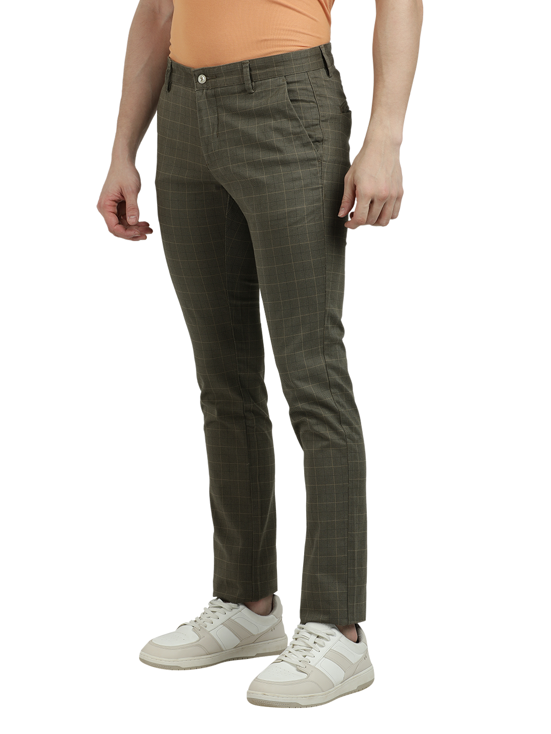 Model wearing Clarke Gable's Light Olive Trim Fit Trousers in a casual setting