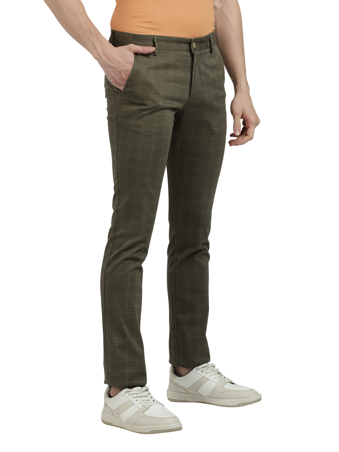 Model wearing Clarke Gable's Light Olive Trim Fit Trousers in a casual setting