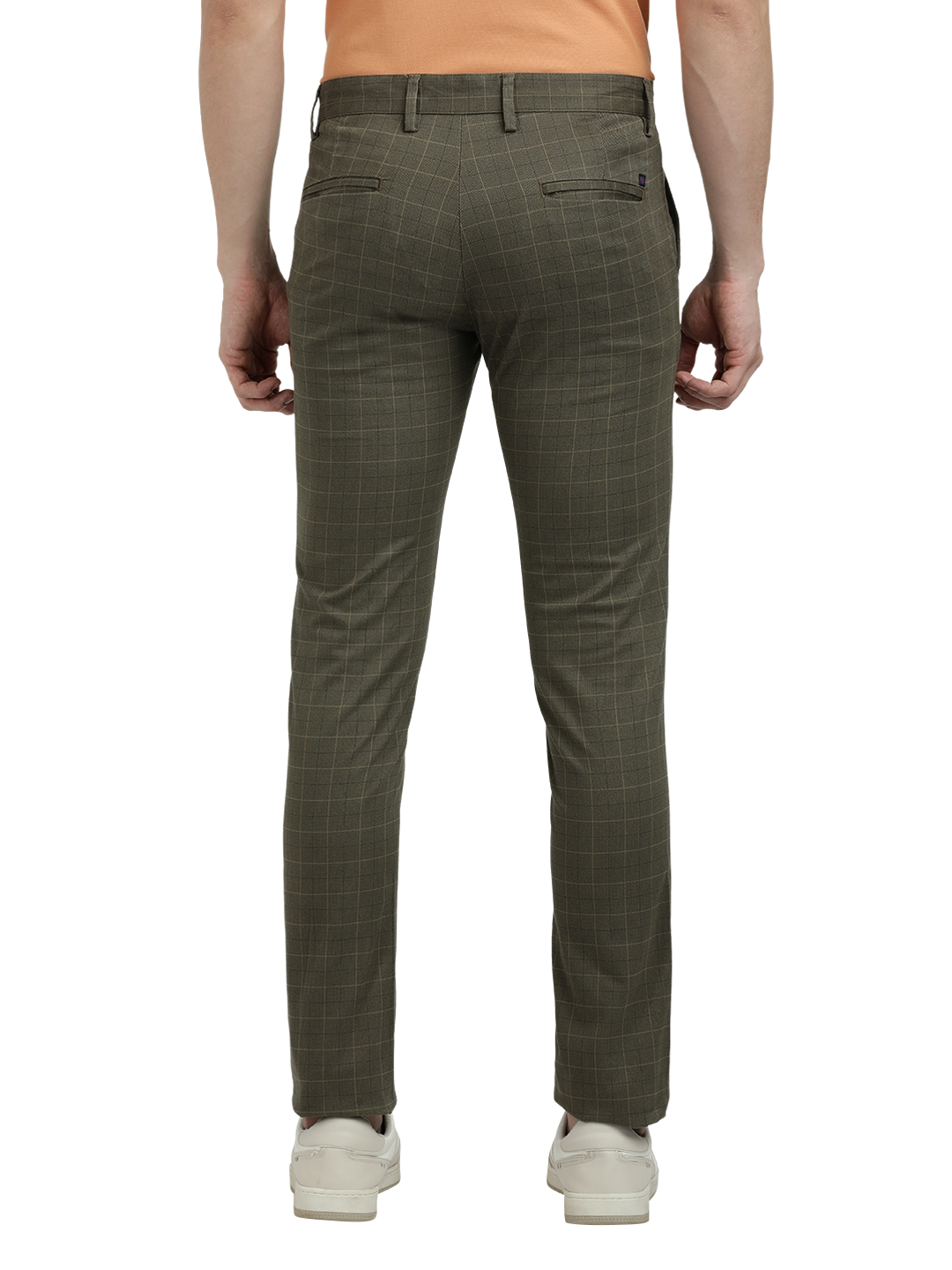 Model wearing Clarke Gable's Light Olive Trim Fit Trousers in a casual setting