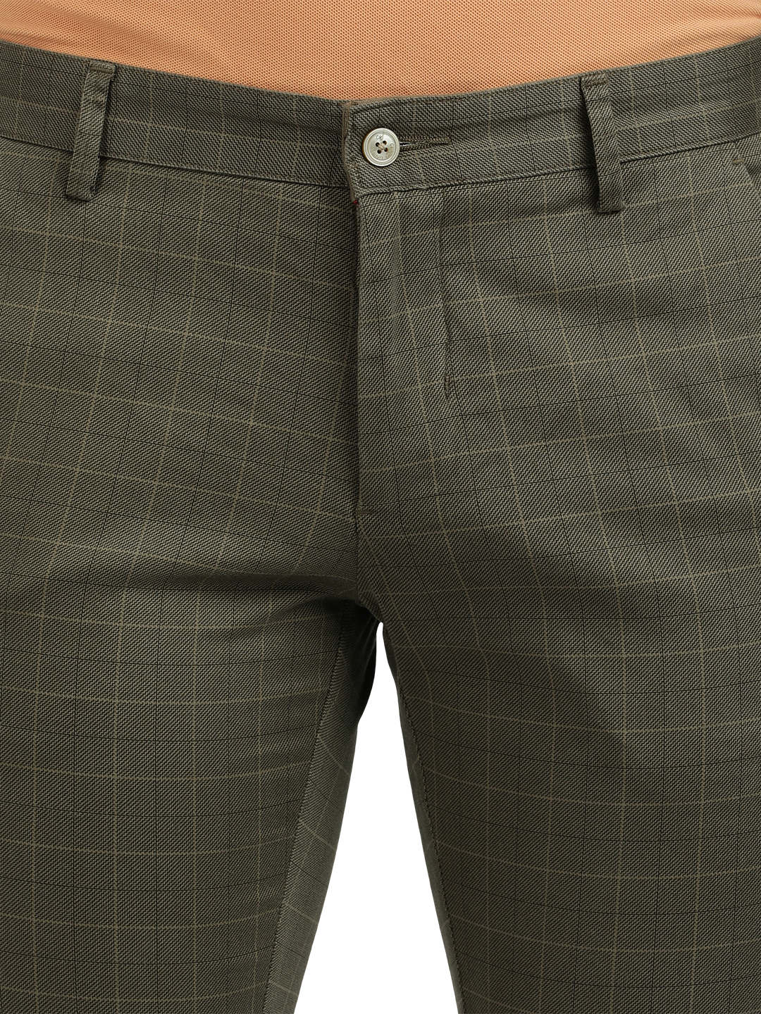 Model wearing Clarke Gable's Light Olive Trim Fit Trousers in a casual setting