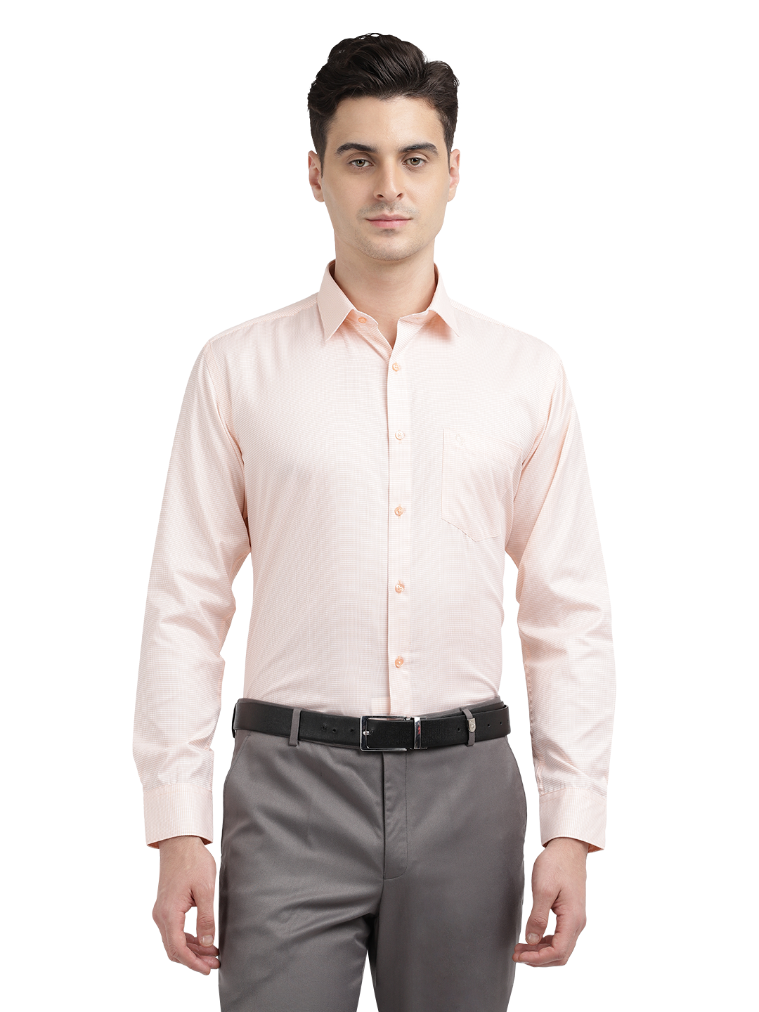 Model wearing Clarke Gable's Light Orange Checked Formal Shirt in a casual setting