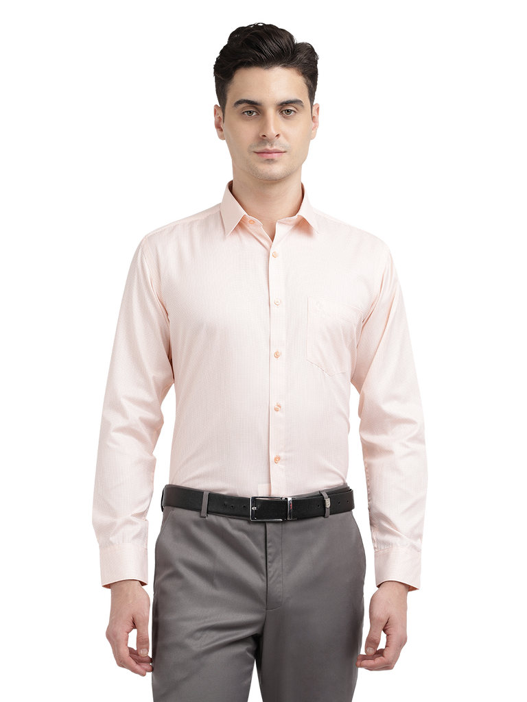 Model wearing Clarke Gable's Light Orange Checked Formal Shirt in a casual setting