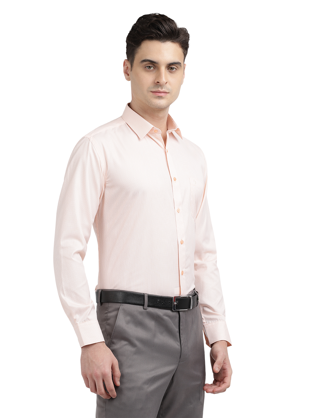 Model wearing Clarke Gable's Light Orange Checked Formal Shirt in a casual setting