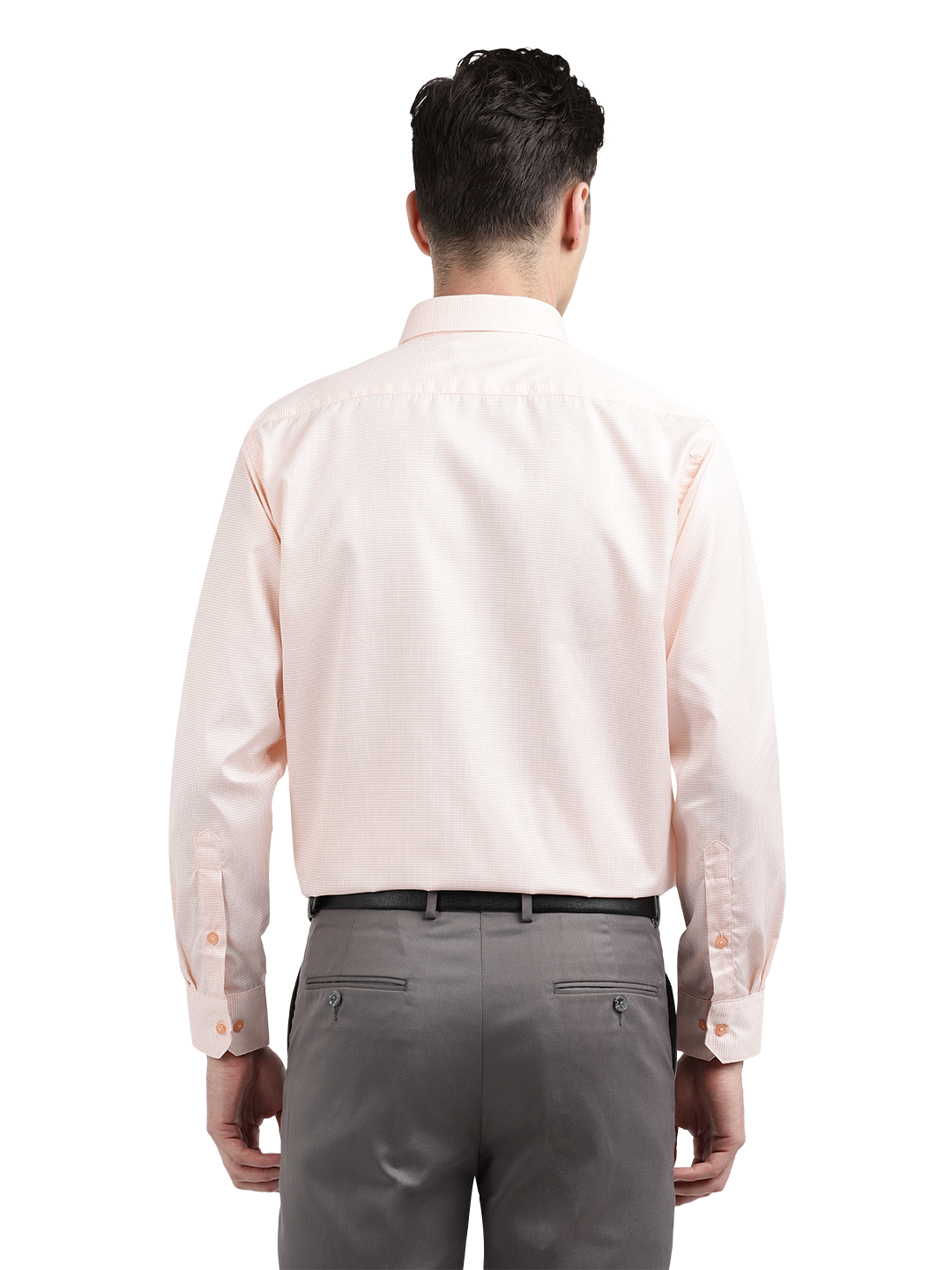 Model wearing Clarke Gable's Light Orange Checked Formal Shirt in a casual setting