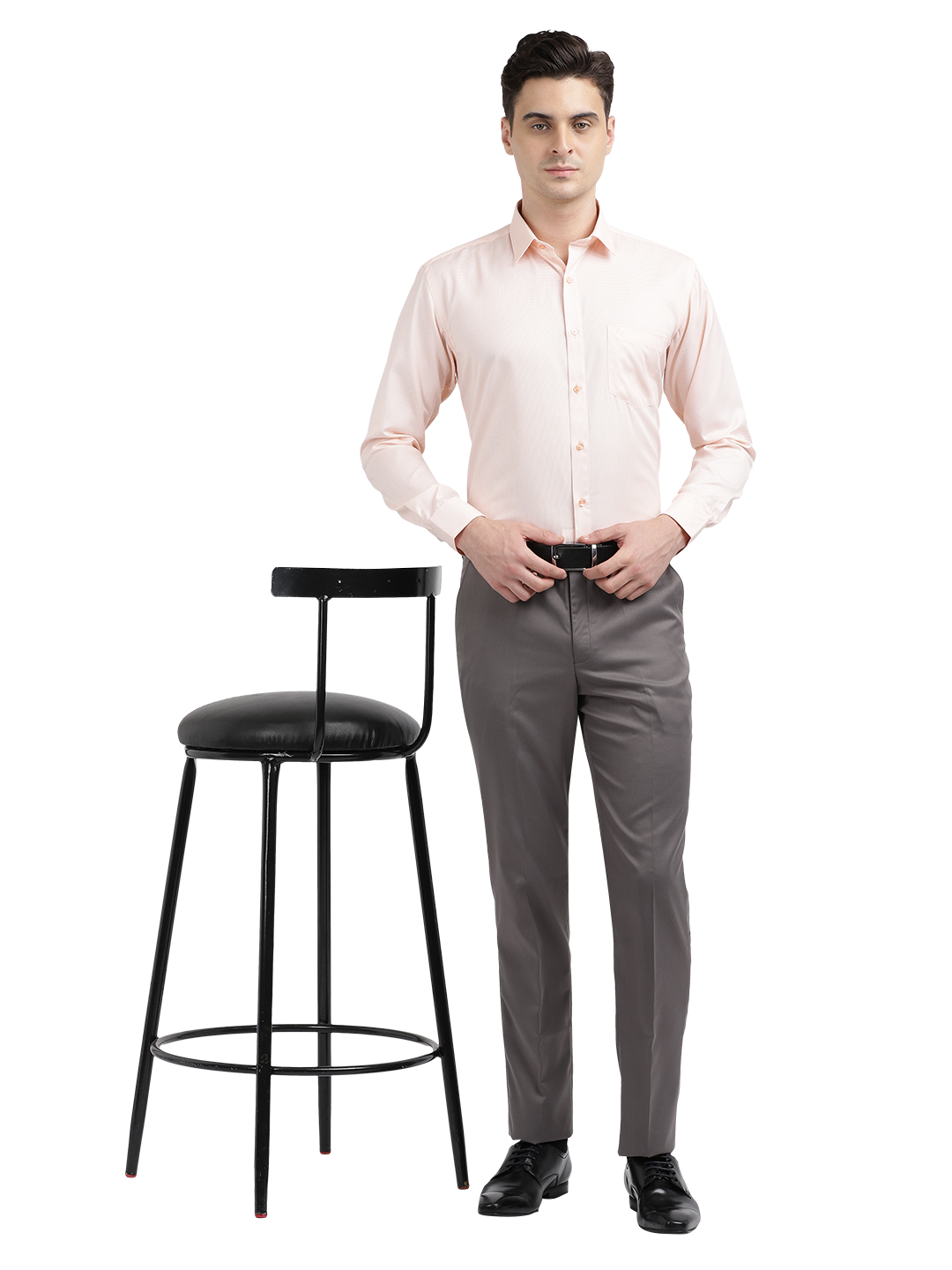 Model wearing Clarke Gable's Light Orange Checked Formal Shirt in a casual setting