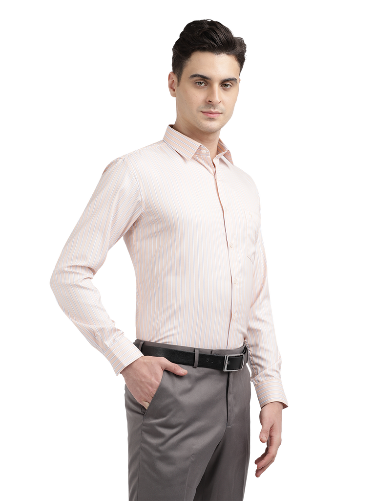 Model wearing Clarke Gable's Light Orange Striped Formal Shirt in a casual setting