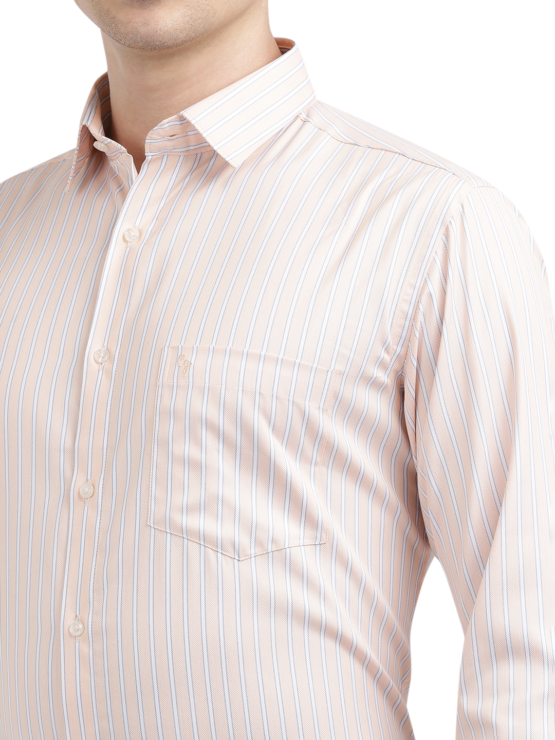 Model wearing Clarke Gable's Light Orange Striped Formal Shirt in a casual setting