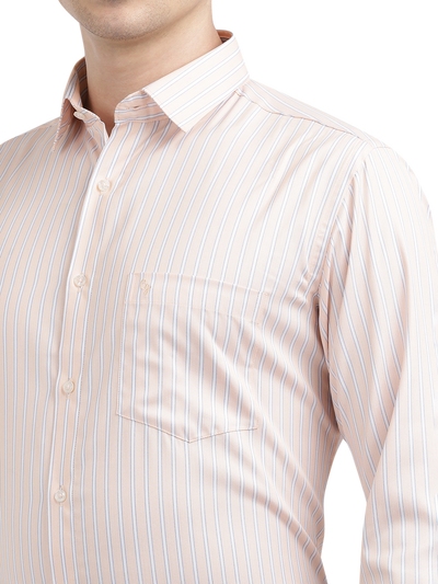 Model wearing Clarke Gable's Light Orange Striped Formal Shirt in a casual setting