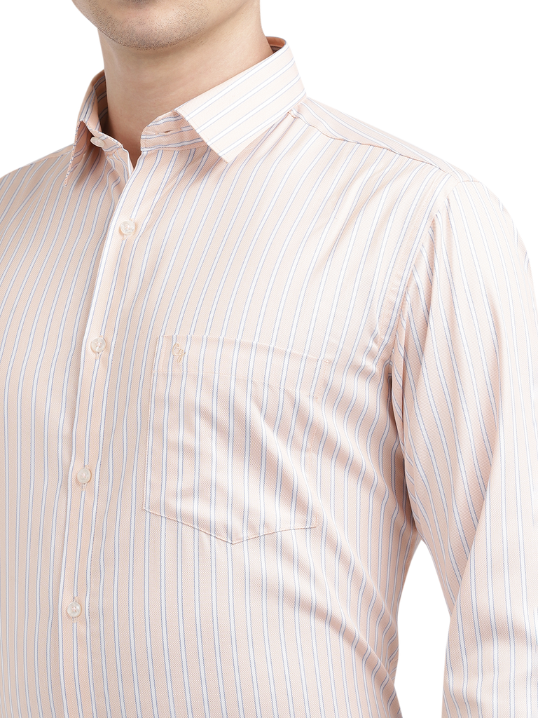 Model wearing Clarke Gable's Light Orange Striped Formal Shirt in a casual setting