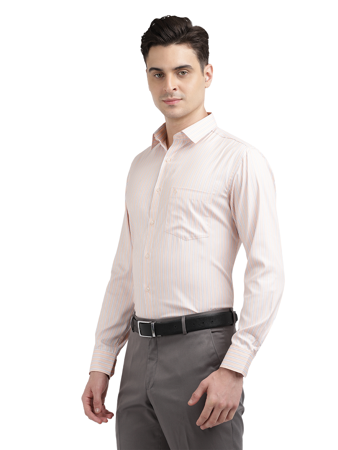 Model wearing Clarke Gable's Light Orange Striped Formal Shirt in a casual setting