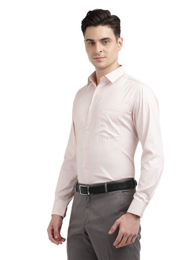Model wearing Clarke Gable's Light Orange Striped Formal Shirt in a casual setting