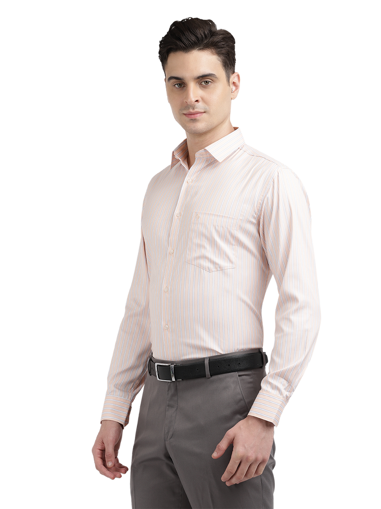 Model wearing Clarke Gable's Light Orange Striped Formal Shirt in a casual setting