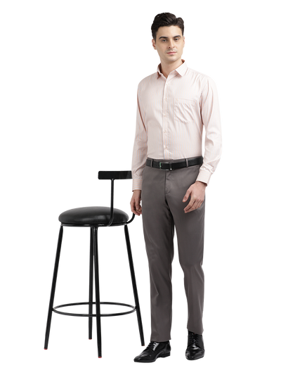 Model wearing Clarke Gable's Light Orange Striped Formal Shirt in a casual setting