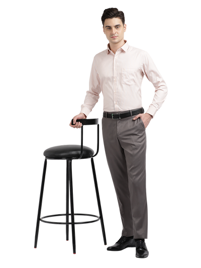 Model wearing Clarke Gable's Light Orange Striped Formal Shirt in a casual setting