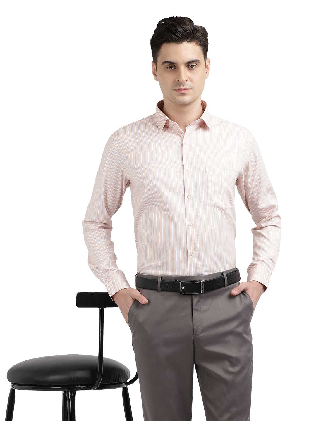 Model wearing Clarke Gable's Light Orange Striped Formal Shirt in a casual setting