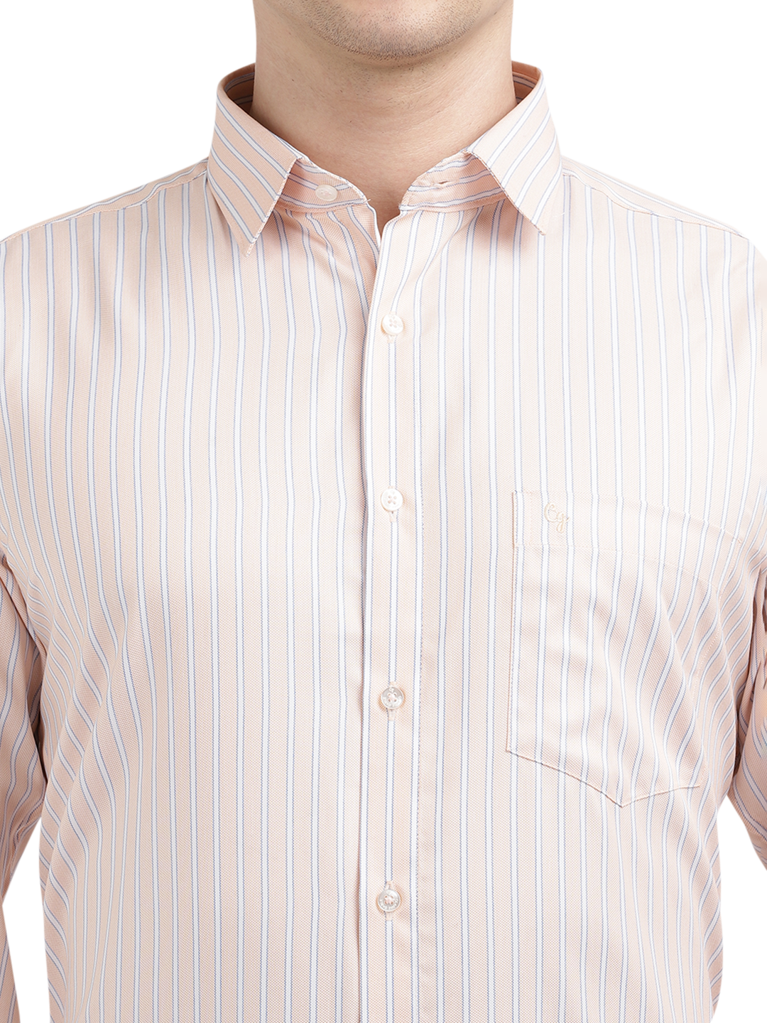 Model wearing Clarke Gable's Light Orange Striped Formal Shirt in a casual setting