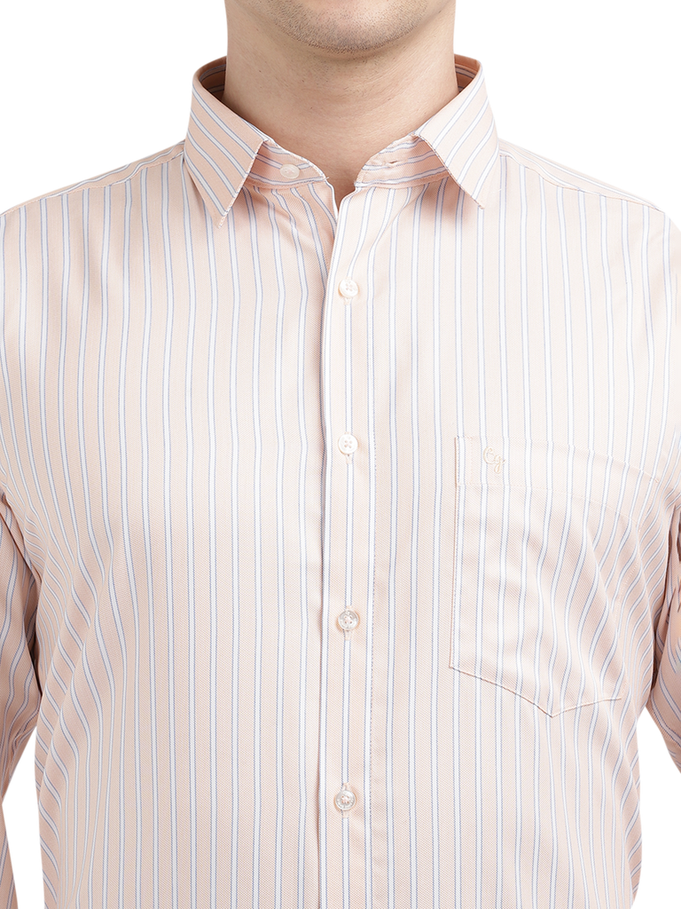 Model wearing Clarke Gable's Light Orange Striped Formal Shirt in a casual setting