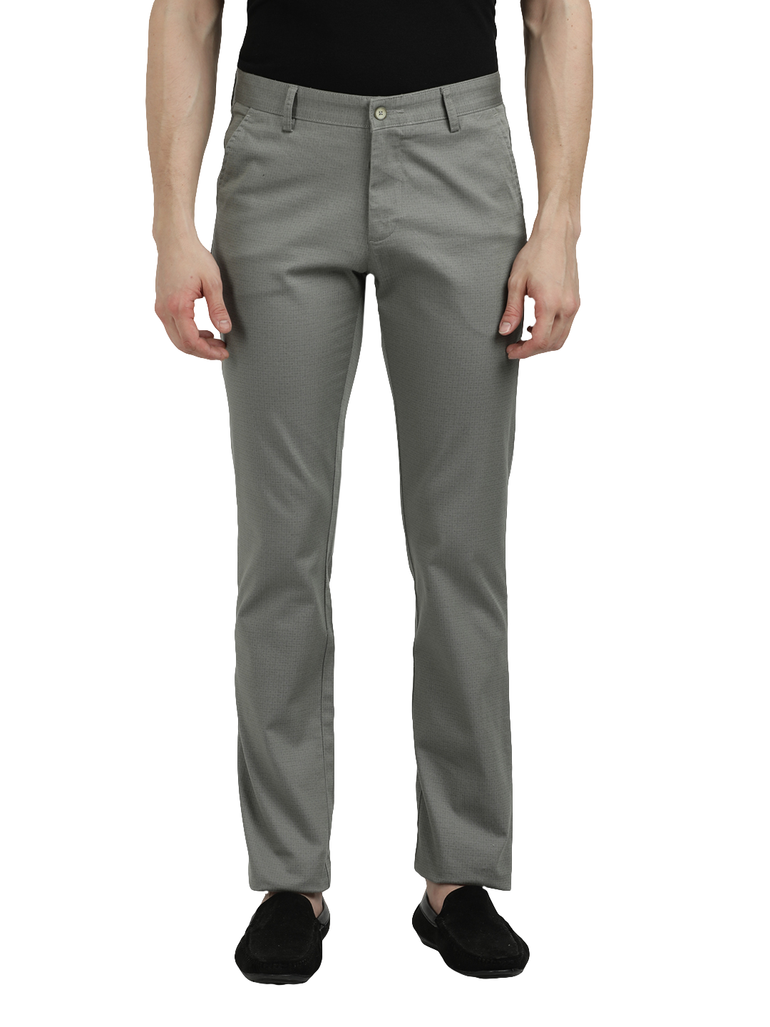 Model wearing Clarke Gable's Light Pista Custom Fit Trousers in a casual setting