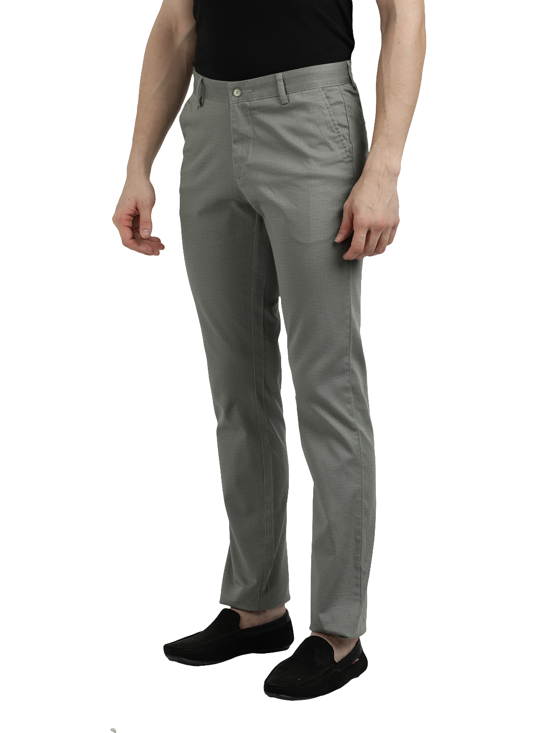 Model wearing Clarke Gable's Light Pista Custom Fit Trousers in a casual setting