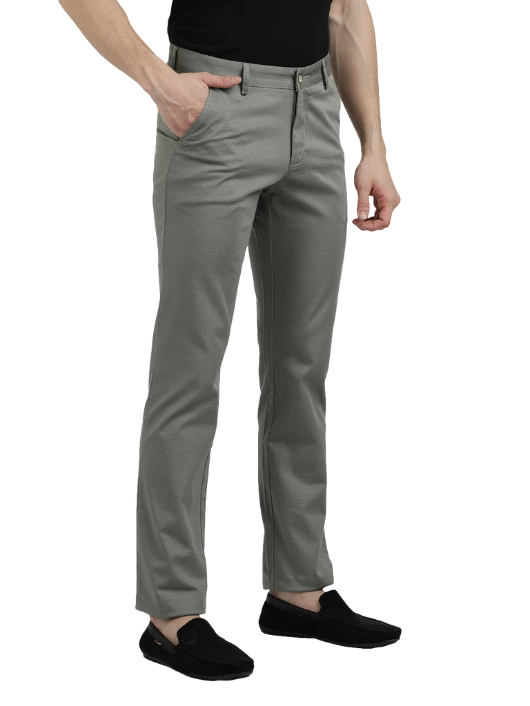 Model wearing Clarke Gable's Light Pista Custom Fit Trousers in a casual setting