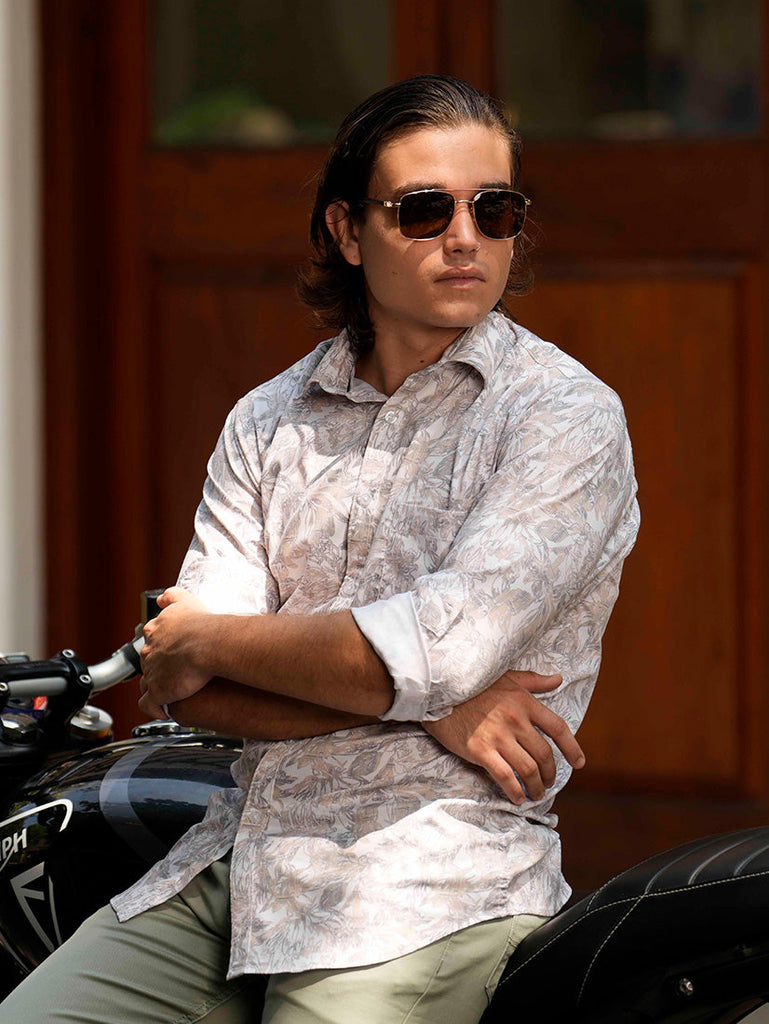 Model dressed in Clarke Gable's Off White Printed Casual Shirt in a casual setting