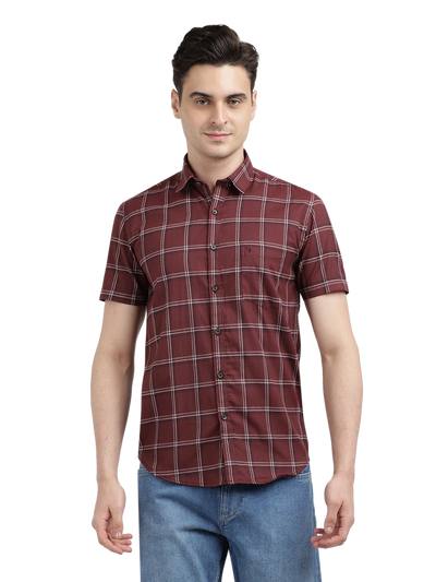 Model wearing Clarke Gable's Maroon Checked Casual Shirt in a casual setting