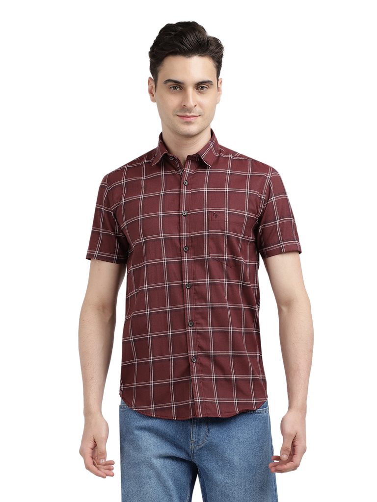 Model wearing Clarke Gable's Maroon Checked Casual Shirt in a casual setting