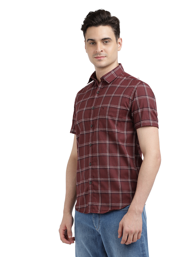 Model wearing Clarke Gable's Maroon Checked Casual Shirt in a casual setting