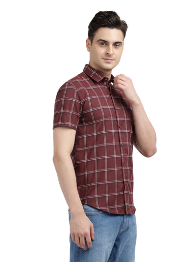 Model wearing Clarke Gable's Maroon Checked Casual Shirt in a casual setting